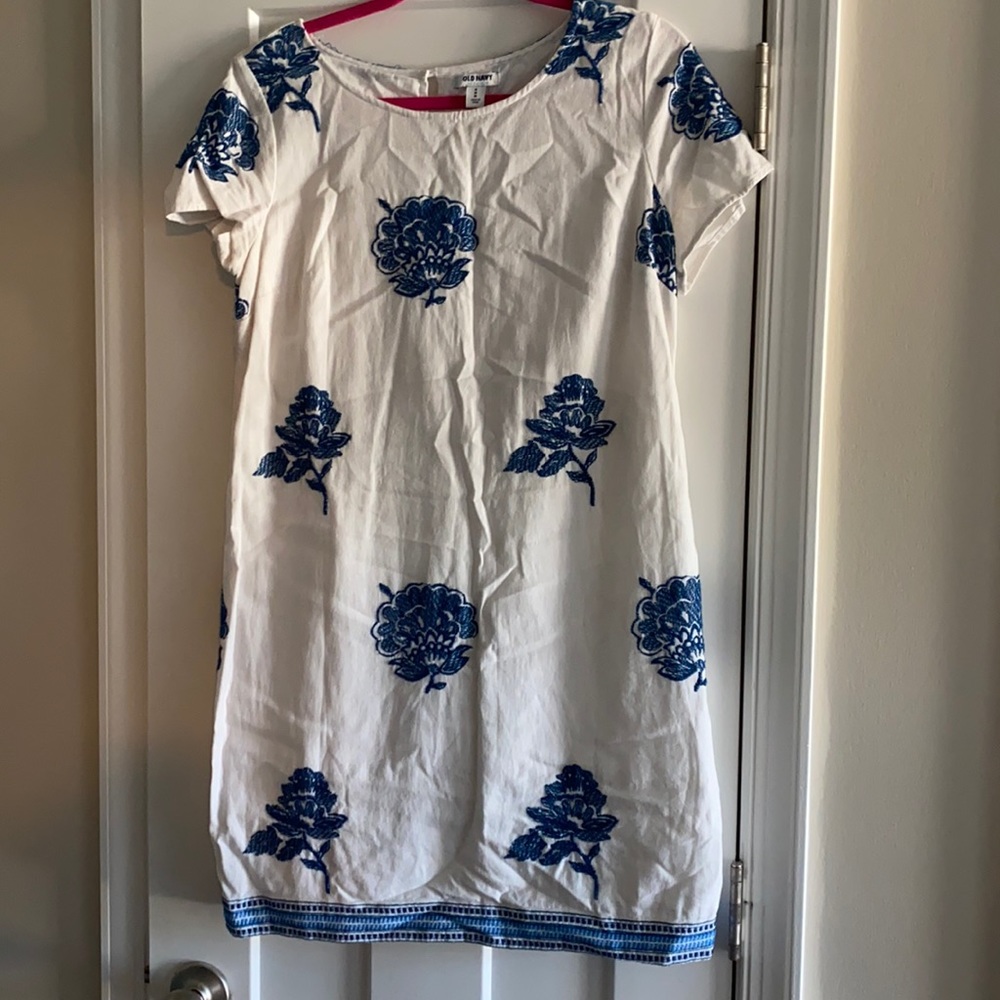 Old navy blue and white embroidered dress